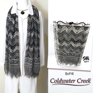 COLDWATER CREEK 100% Pure Silk Rect. Scarf Black White Grey Geo Floral Unisex